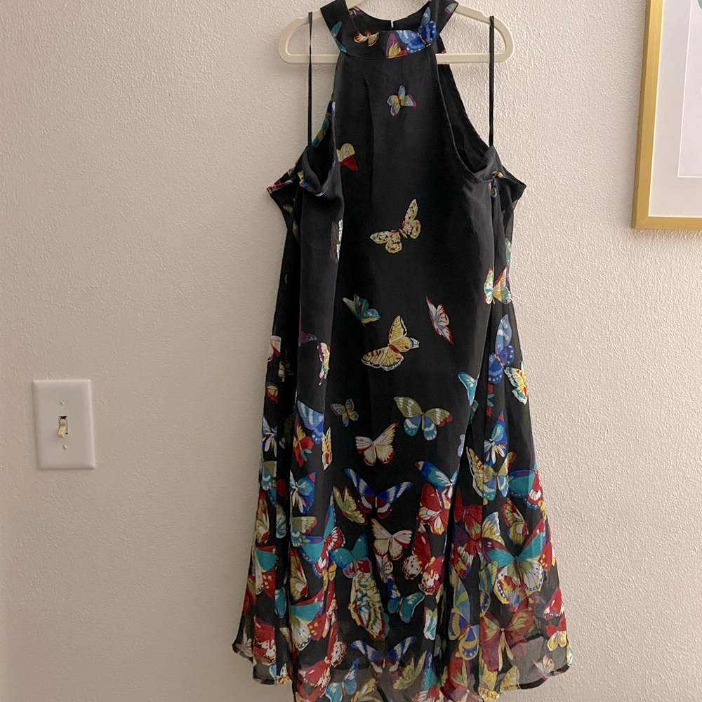 Butterfly haltershift dress , size small . Black with butterflies